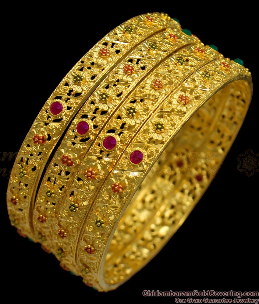 BR1266-2.6 Set Of Four Traditional Flower Model Gold Forming Enamel Bangles