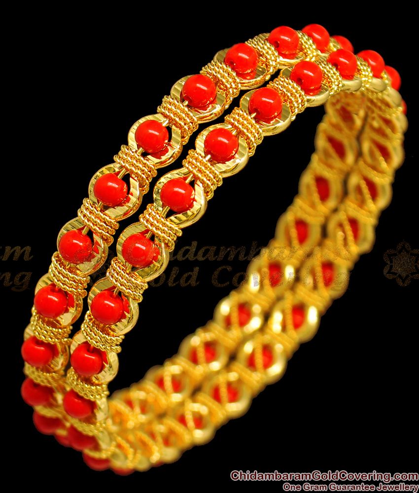 BR1284-2.4 Red Corel Gold Plated Pavala Bangles Jewelry For Ladies