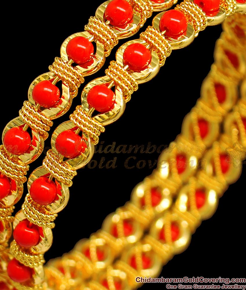 BR1284-2.4 Red Corel Gold Plated Pavala Bangles Jewelry For Ladies