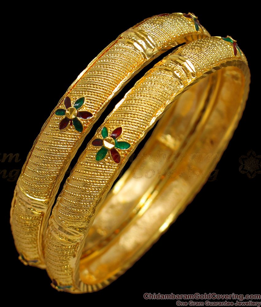 BR1291-2.4 Size One Gram Gold Plated Enamel Bangles Set Collections Online