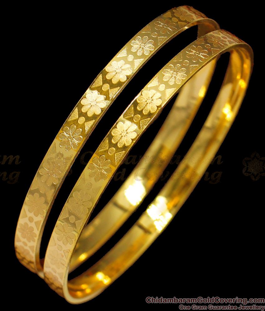 BR1294-24 Size Self Design Flower Pattern One Gram Gold Bangle ...