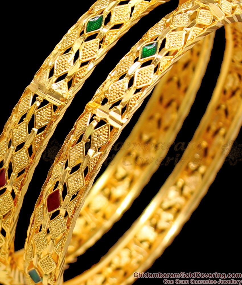 BR1371-2.4 Size One Gram Gold Plated Enamel Bangles Set Collections Online