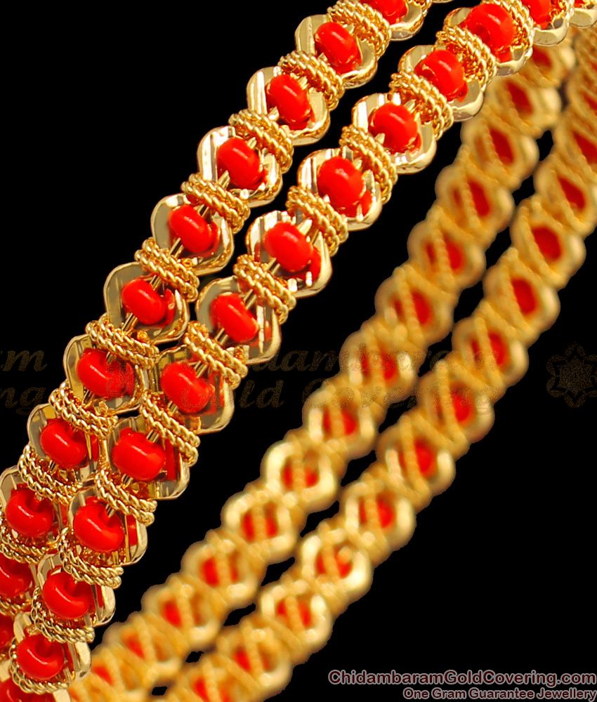 BR1403-2.4 Red Corel Gold Plated Pavala Bangles Jewelry For Ladies