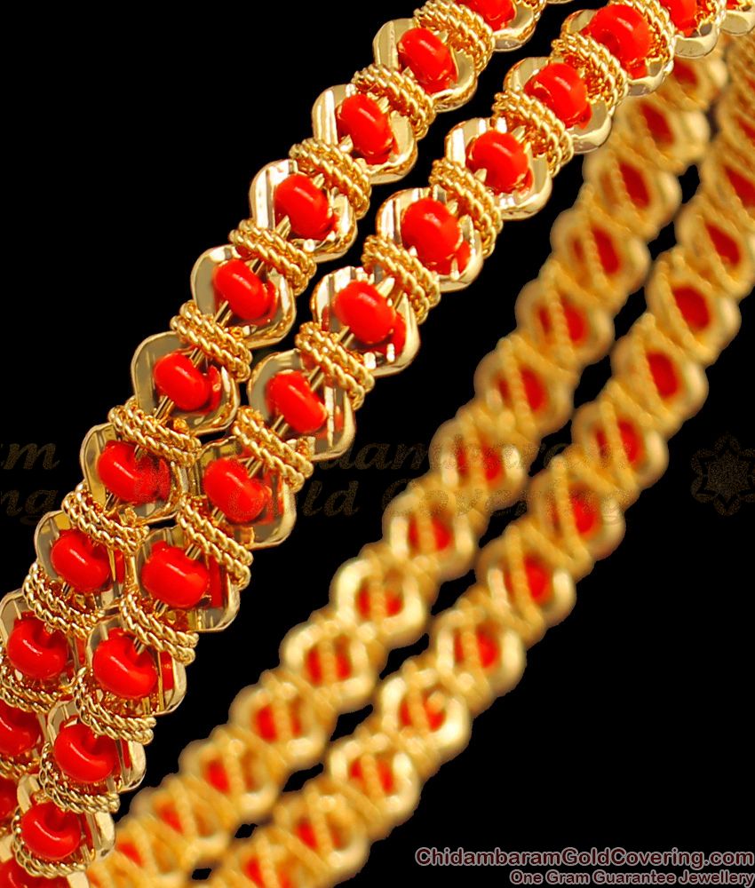 BR1403-2.10 Red Coral Gold Plated Pavalam Bangles Jewelry For Ladies