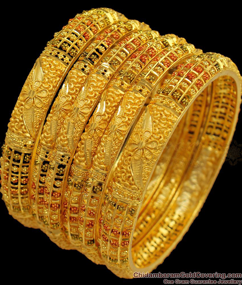 BR1414-2.6 Set Of Six Flower Pattern Gold Forming Bangles For Marriage Functions