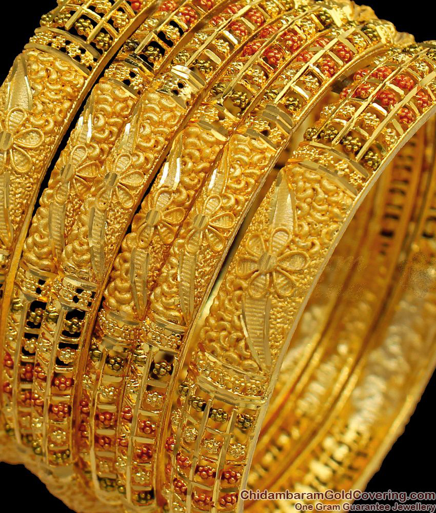 BR1414-2.10 Set Of Six Flower Pattern Gold Forming Bangles For Marriage Functions