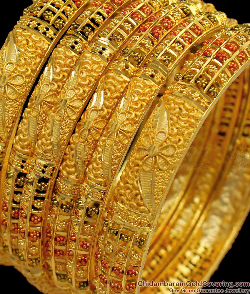 BR1414-2.4 Set Of Six Flower Pattern Gold Forming Bangles For Marriage Functions