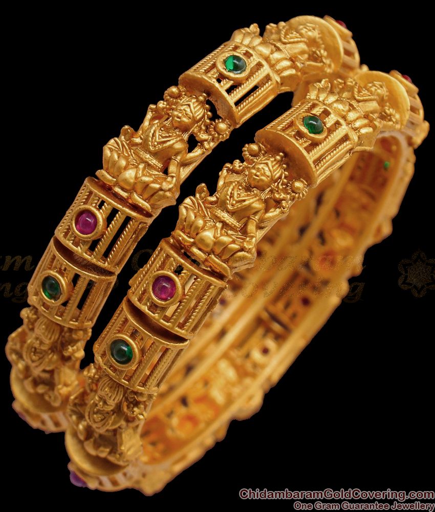 BR1423-2.6 Size Premium Antique Nagas Work Kemp Stone Lakshmi Bangles