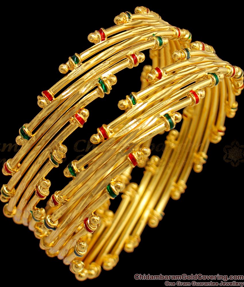 BR1436-2.10 Size Set of Two Grand Kada Gold Inspired Enamel Semiya Bangles 