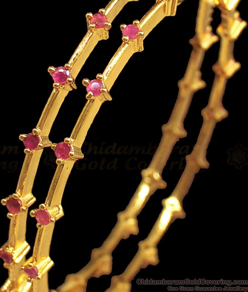 BR1707-2.6 Glimmering Ruby Stone Thin Gold Plated Bangles