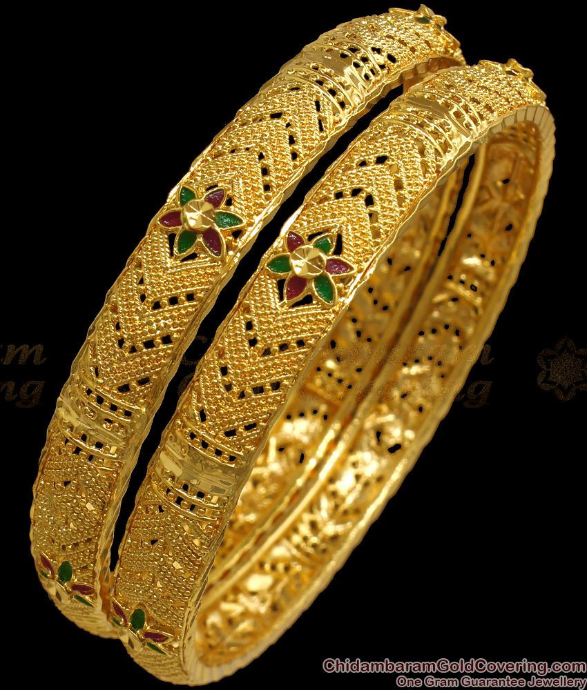 BR1889-2.10 Size One Gram Gold Plated Kerala Bangle Meenakari Flower Design