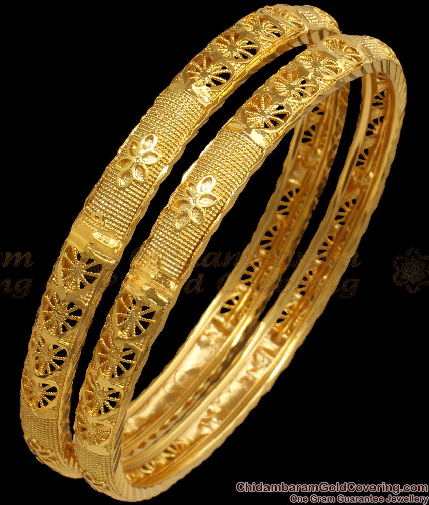 BR1925-2.10 Size One Gram Gold Bangles Flower Design Net Pattern