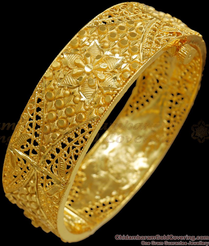 BR2096-2.8 Size Two Gram Gold Floral Kada Bangle Screw Type Bridal Jewelry