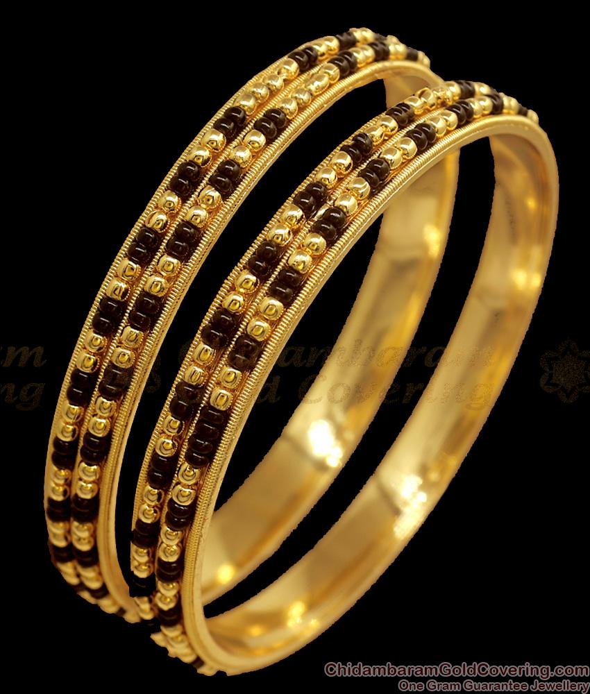 BR2188-2.4 Double Line karugamani Gold Bangles Black Beads Collections