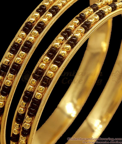 BR2188 2.6 Double Line karugamani Gold Bangles Black Beads