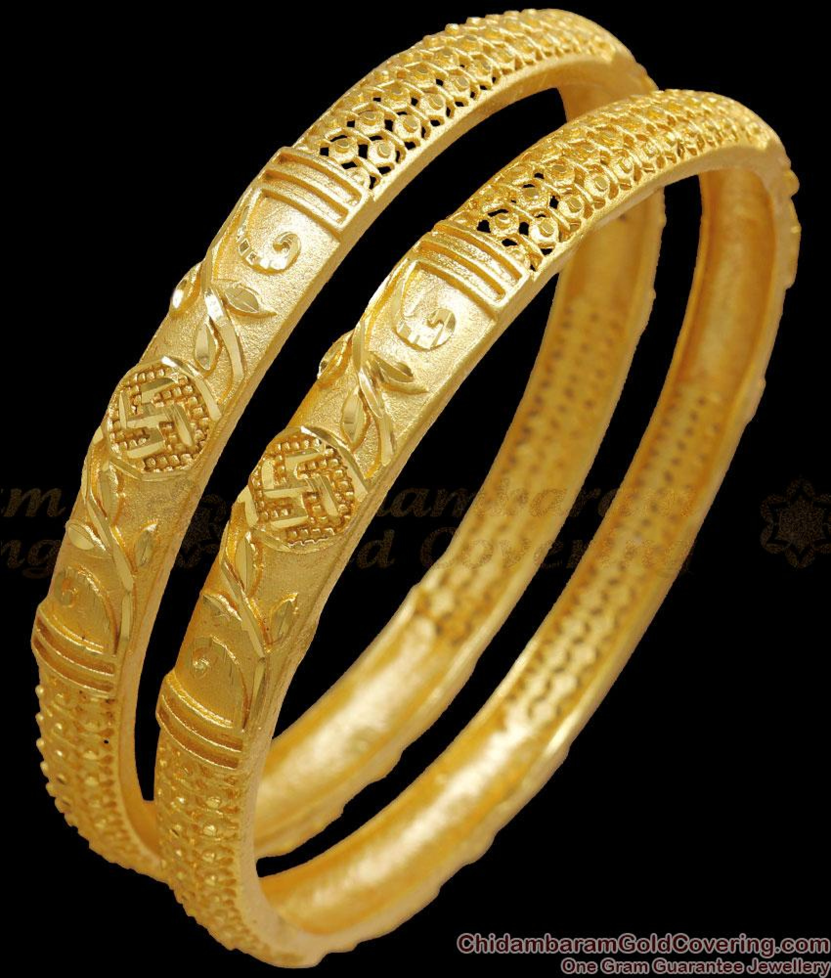 BR22032.10 Size Two Gram Gold Bangles Swastic Design Bridal Collections