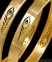 BR2737-2.10 Size Set Of 2 Beautiful Machine Cut Peacock Feather Gold Bangle Matt Finish BR2737-2.10 Size Set Of 2 Beautiful Machine Cut Peacock Feather Gold Bangle Matt Finish