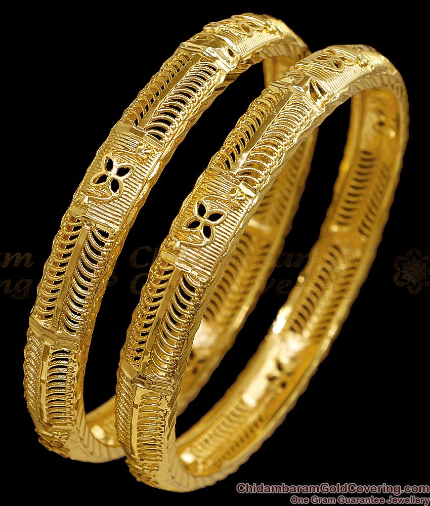 BR2837-2.4 Set Of Two Elegant Gold Plated Plain Shiny Bangle Design Bridal Jewelry