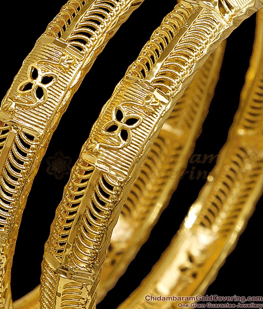 BR2837-2.4 Set Of Two Elegant Gold Plated Plain Shiny Bangle Design Bridal Jewelry