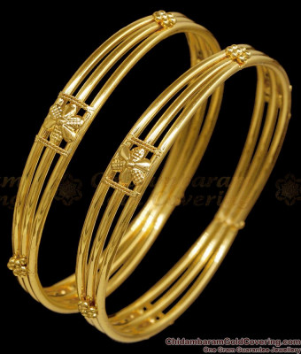 BR2847-2.10 Size Beautiful 3 Line Gold Imitation Bangle Floral Design Without Stone