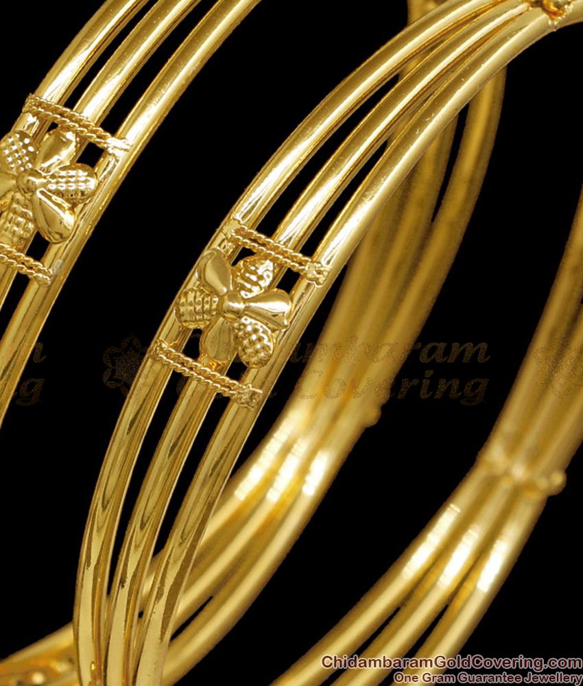 BR2847-2.10 Size Beautiful 3 Line Gold Imitation Bangle Floral Design Without Stone