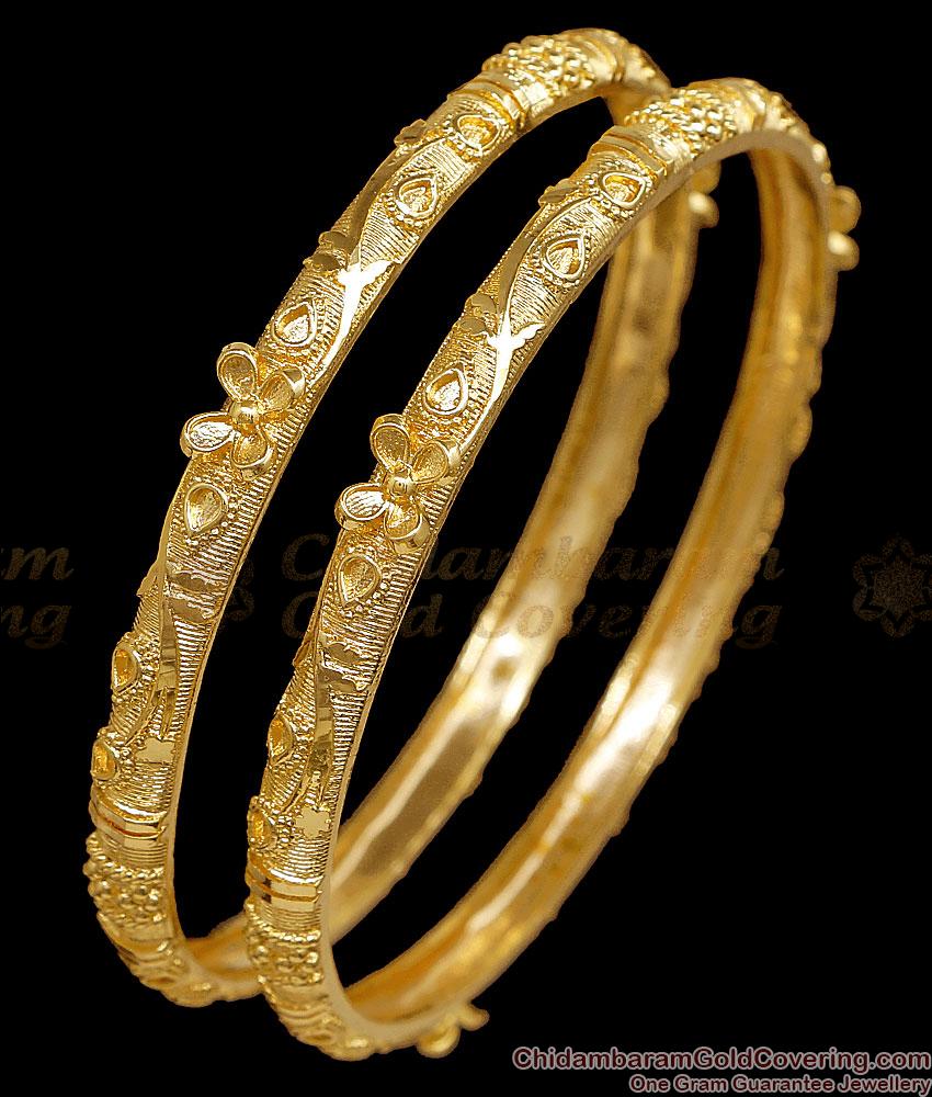 BR2869-2.10 Size Set of 2 Gold Plated Floral Plain Bangles BR2869-2.10 Size Set of 2 Gold Plated Floral Plain Bangles