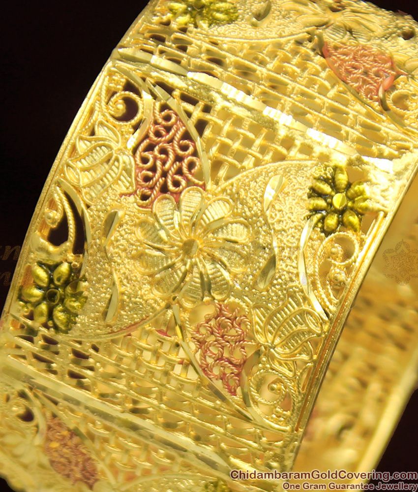 BR1057-2.4 Enamel Forming Gold Flower Pattern Broad Kada Bangle