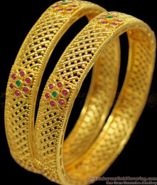 BR1124-2.8 Karnataka Design Broad Gold Kada Bangles Leaf Design With Stones