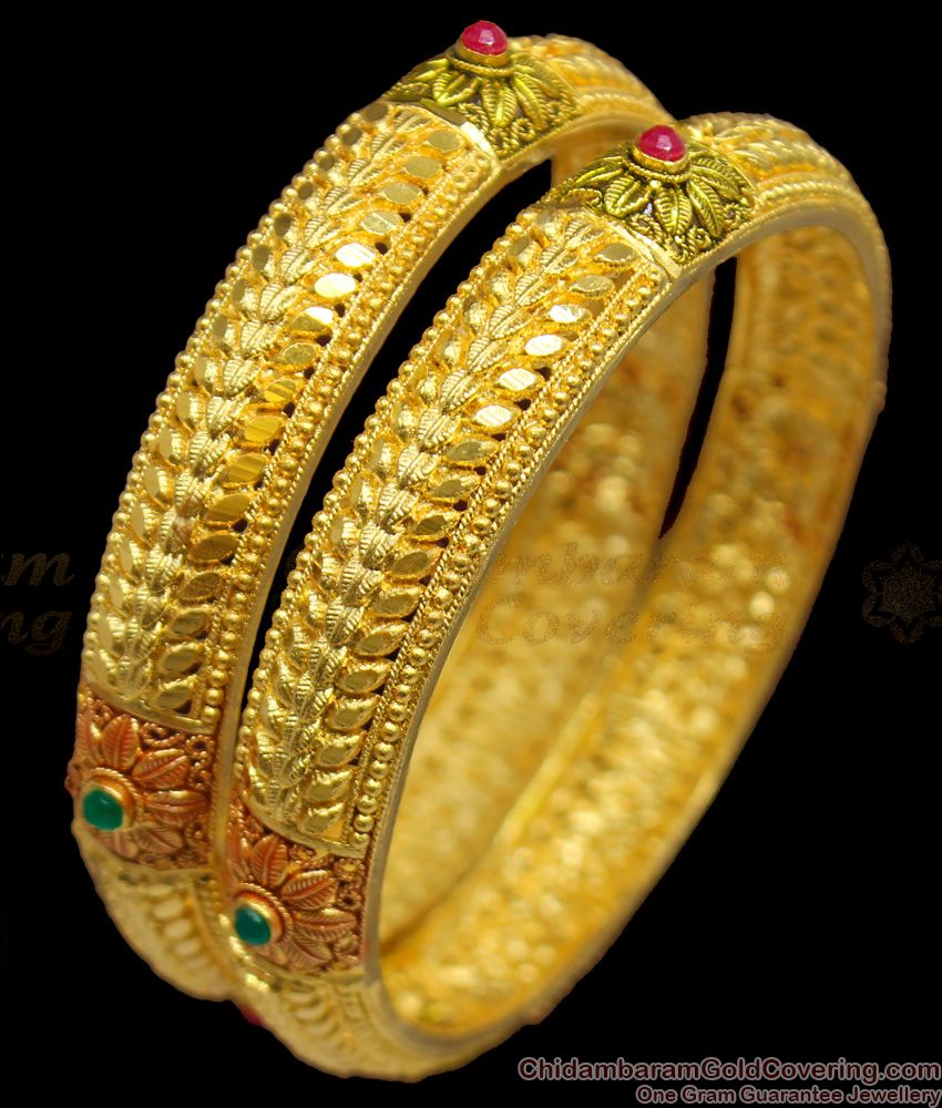 BR1130-2.4 Solid Flower Leaf Pattern Enamel Gold Forming Bangles Traditional Wear