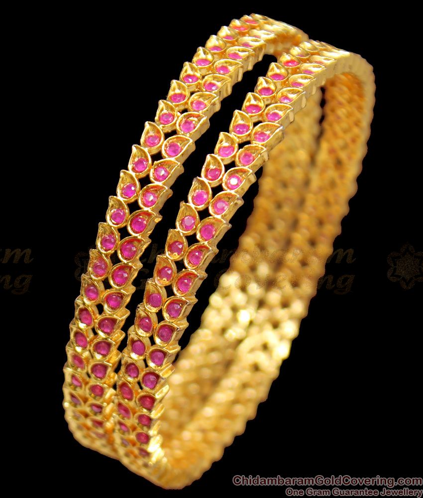 BR1139-2.4 Attractive Flower Model Full Ruby Stone Gold Plated Bangles Party Wear