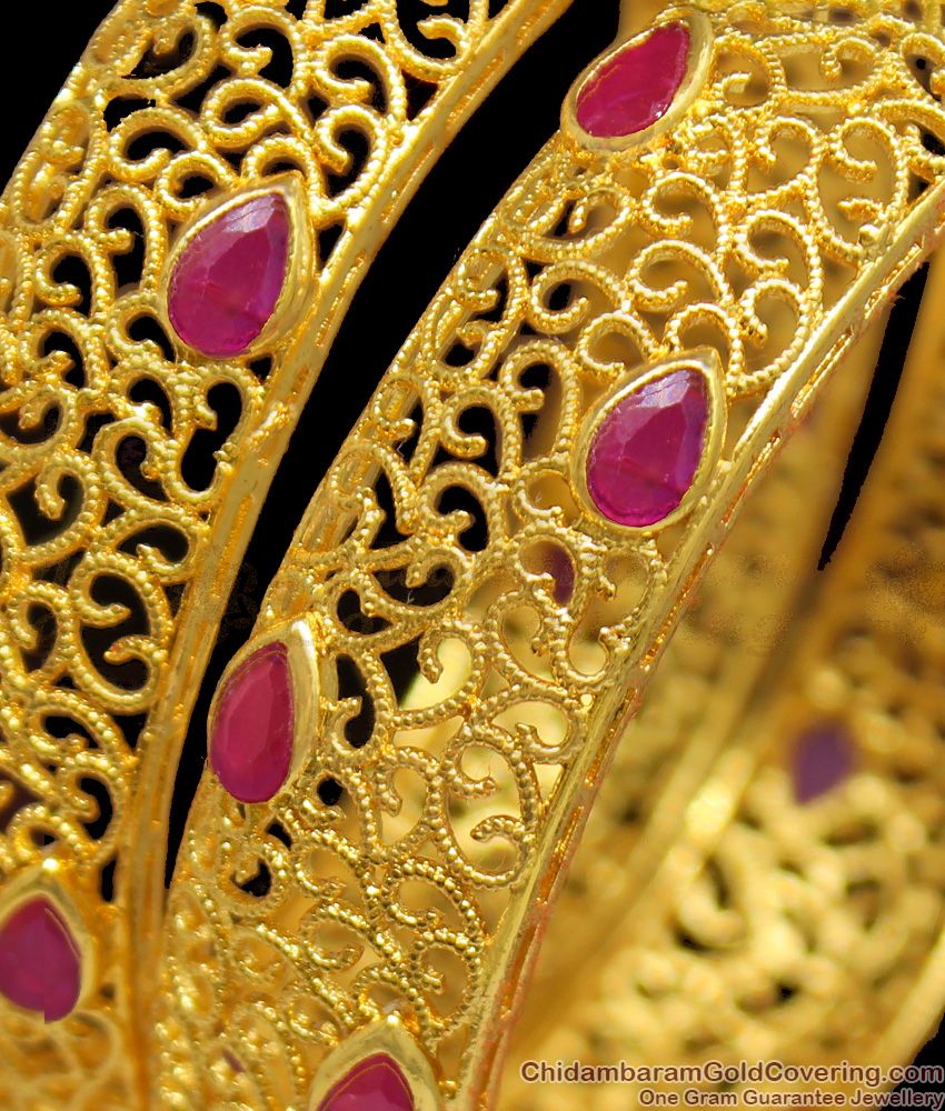 BR1153-2.8 Amazing Broad Enamel Forming Gold Kada Bangles With Ruby Stones