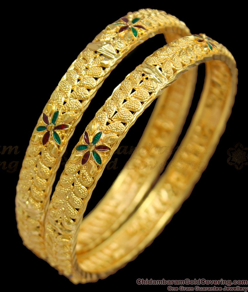 BR1196-2.10 Beautiful Flower Filled Multi Stone Gold Attractive Bangles Latest Collections