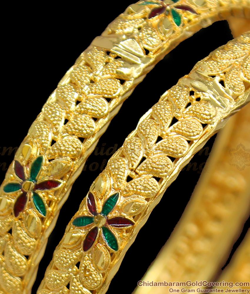 BR1196-2.10 Beautiful Flower Filled Multi Stone Gold Attractive Bangles Latest Collections