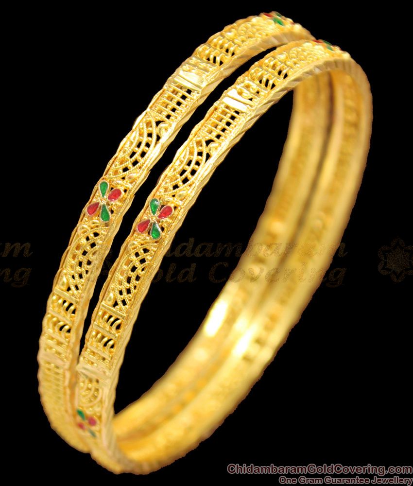 BR1199-2.4 Thin Gold Plated Multi Color Stone Bangles For Marriage Functions