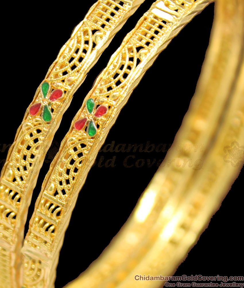 BR1199-2.6 Thin Gold Plated Multi Color Stone Bangles For Marriage Functions