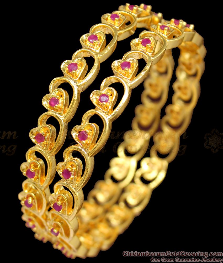 BR1213-2.4 Attractive Heart Model Full Ruby Stone Gold Plated Bangles Party Wear Jewelry