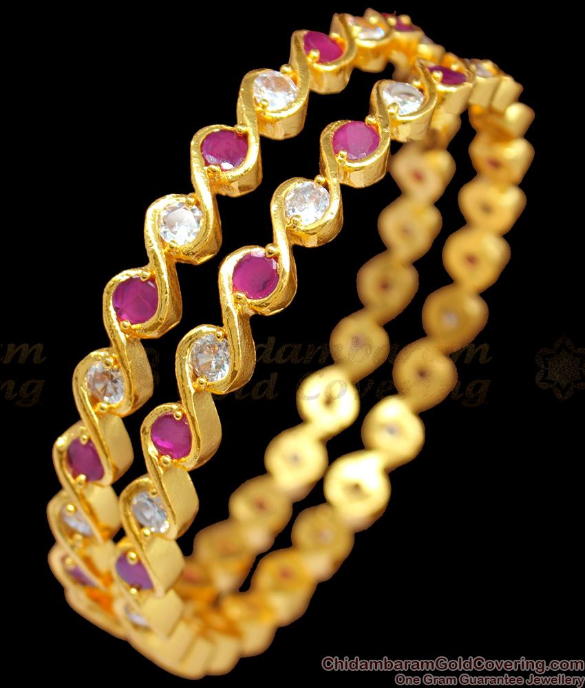 BR1214-2.8 Ladies Favourite Thick Ruby White Polki Stones Gold Bangles New Arrival