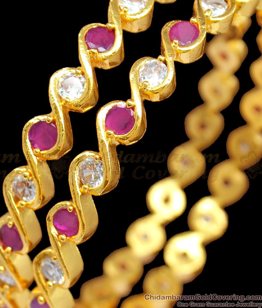 BR1214-2.6 Ladies Favourite Thick Ruby White Polki Stones Gold Bangles New Arrival