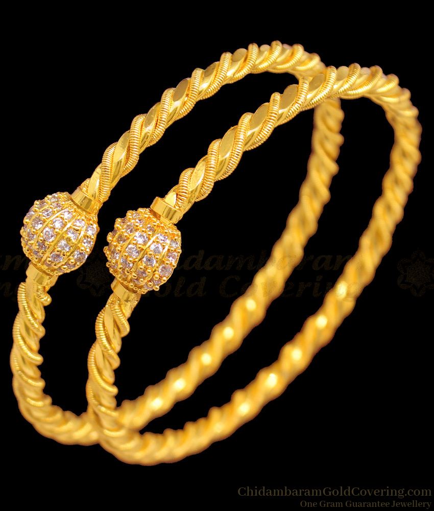 BR1310-2.6 Fancy AD White Stone Single Ball Design Gold Plated Bangles For Party Wear