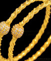 BR1310-2.6 Fancy AD White Stone Single Ball Design Gold Plated Bangles For Party Wear