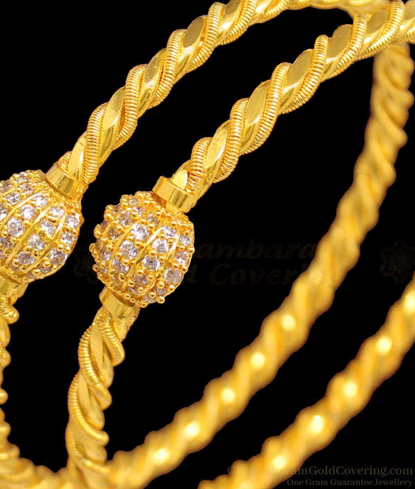 BR1310-2.8 Fancy AD White Stone Single Ball Design Gold Plated Bangles For Party Wear