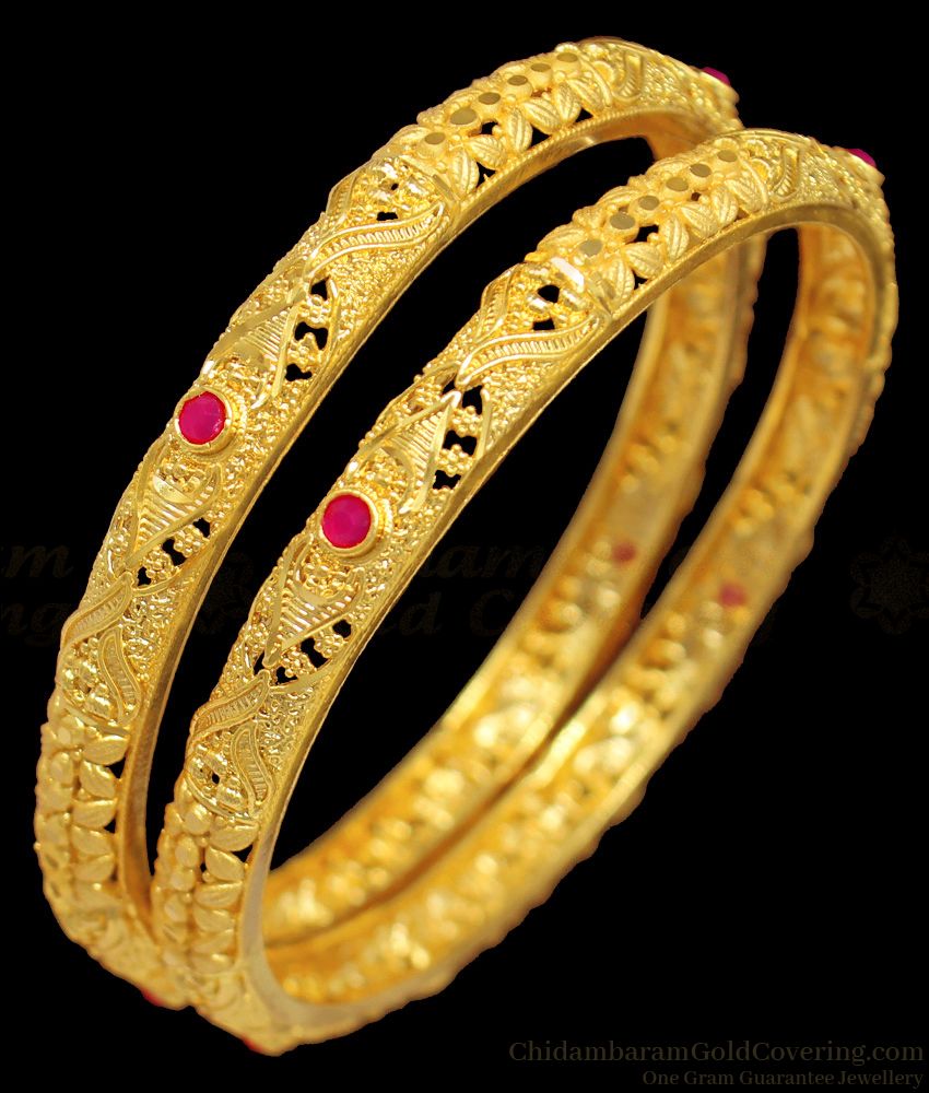 BR1313-2.10 Kerala Forming Gold Bridal Design Bangles With Ruby Stone Jewelry