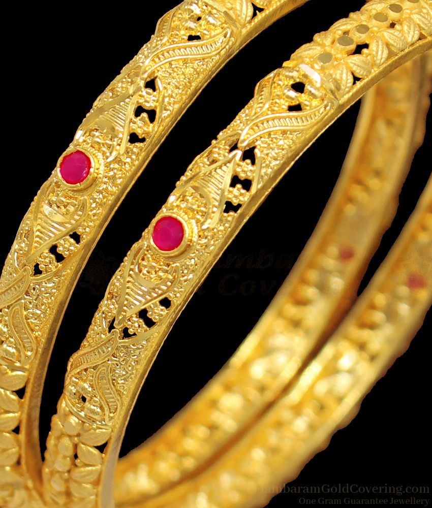 BR1313-2.10 Kerala Forming Gold Bridal Design Bangles With Ruby Stone Jewelry