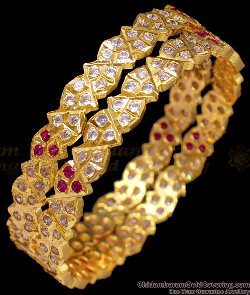 BR1346-2.8 Impon Traditional Pink And White Stone Panchaloga Design Thick Bangles