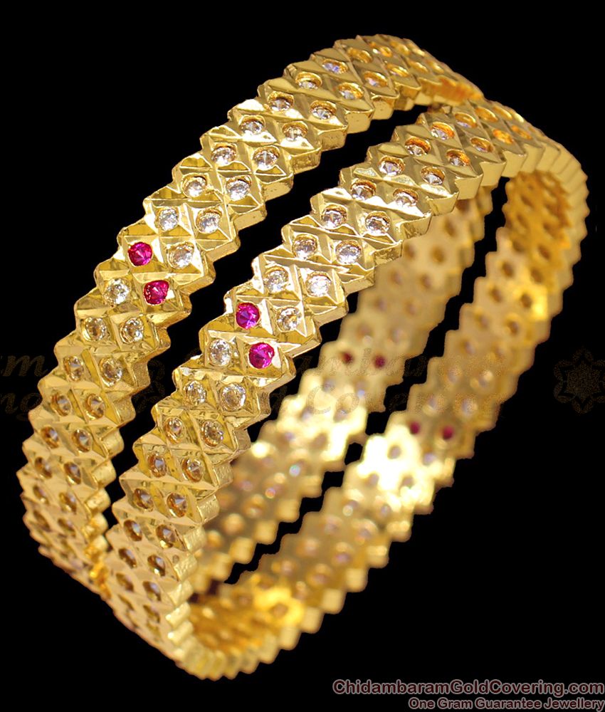 BR1349-2.10 Beautiful Pink And White Stones Impon Panchalog Bangles For Ladies