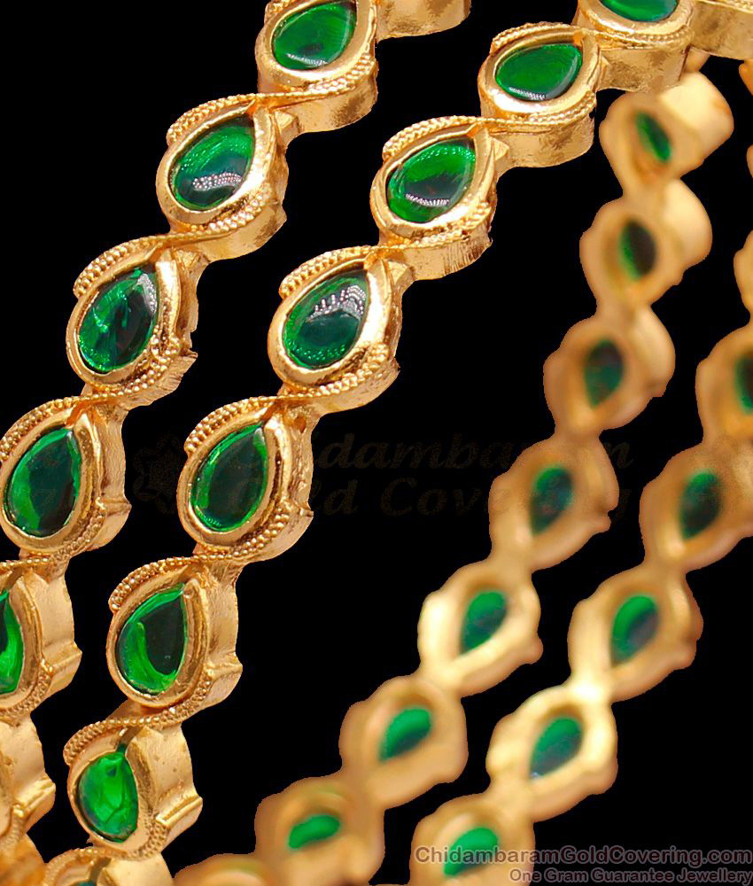 BR1394-2.6 Peacock Green Stone Gold Five Metal Bangles Party Wear Design