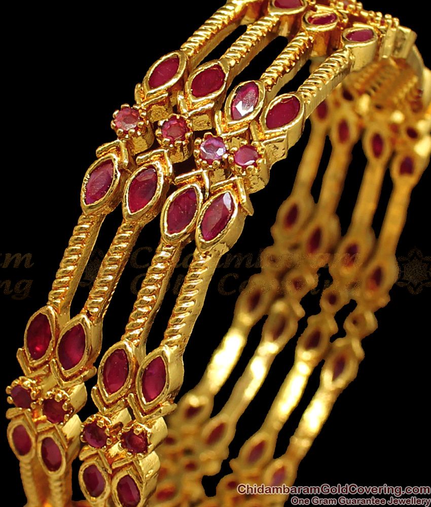 BR1607-2.10 Set of Four Ruby Stone Gold Bangles For Party Wear