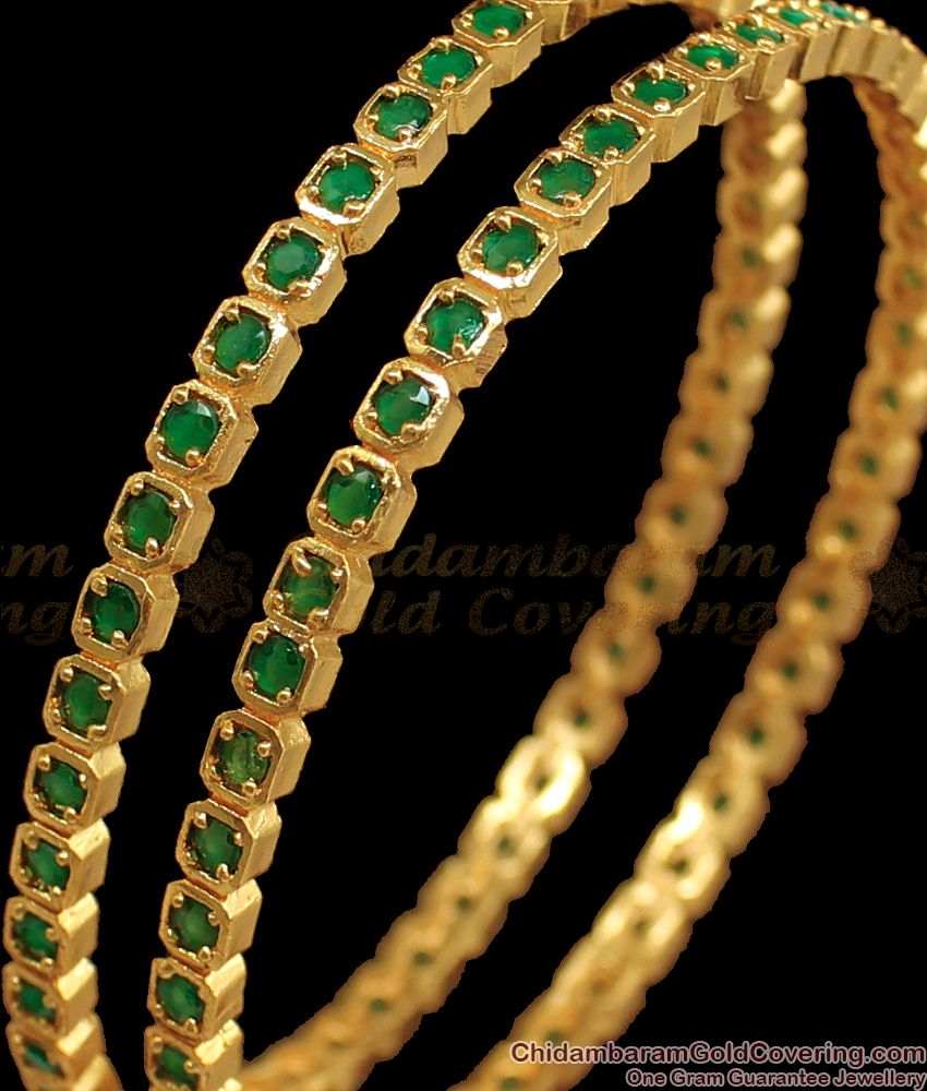 BR1678-2.10 Square Emerald Green Stone Trendy Impon Design Gold Bangle Collection First Quality