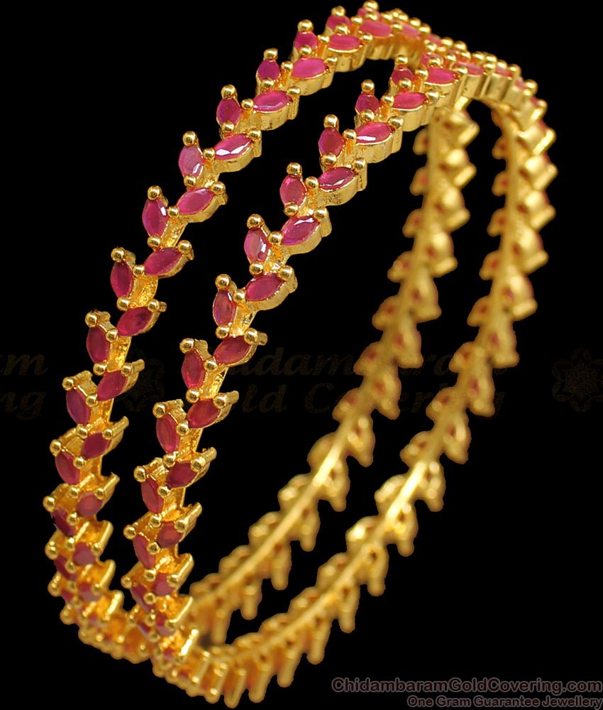BR1682-2.6 Beautiful Leaf Design Full Ruby Stone Gold Bangles Bridal Wear