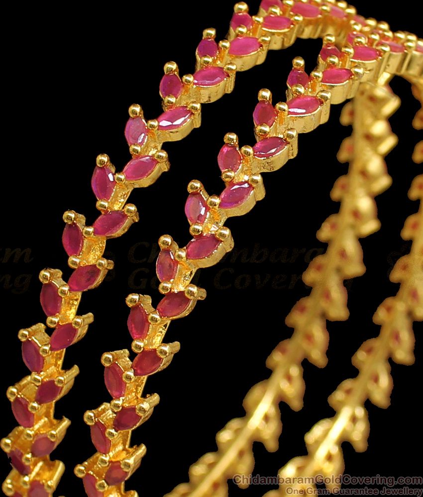 BR1682-2.4 Beautiful Leaf Design Full Ruby Stone Gold Bangles Bridal Wear